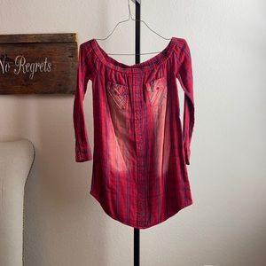 Off the shoulder red and blue flannel dress